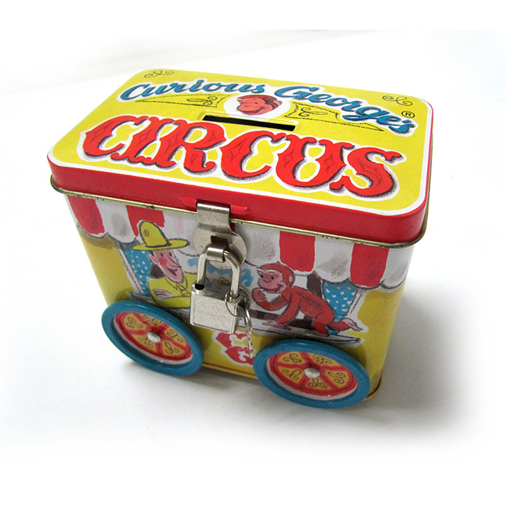 Tin Coin Bank with Rolling Wheels